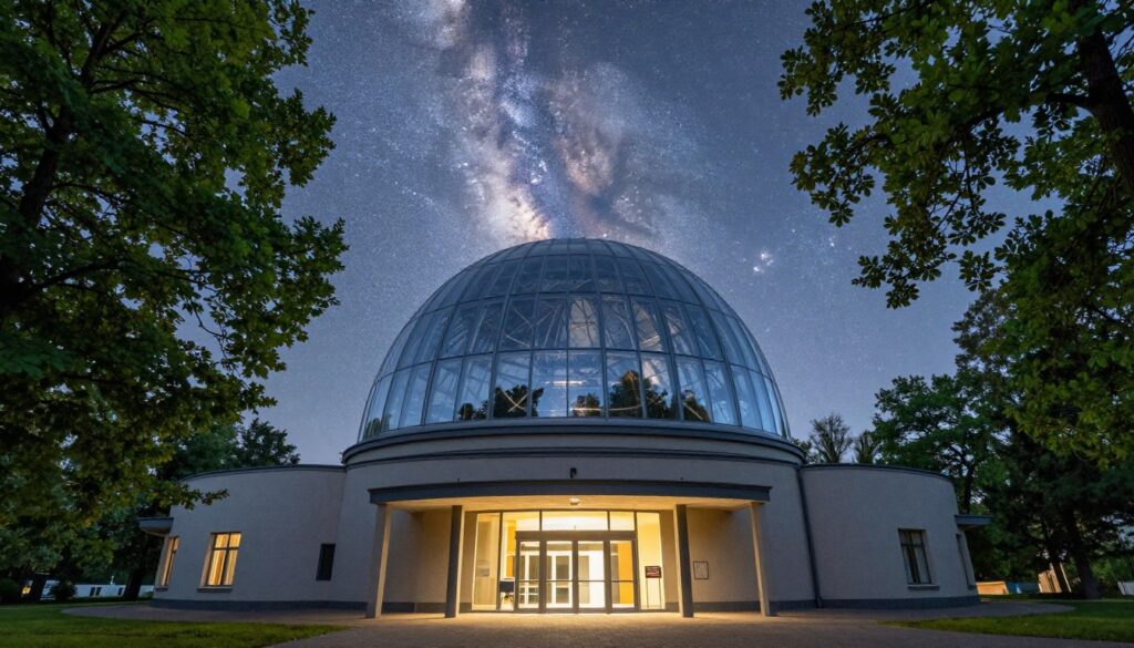 A captivating image of the Olsztyńskie Planetarium and Astronomical Observatory, showcasing the building's distinctive modern architecture with its large glass dome reflecting the bright night sky filled with stars. In the foreground, lush green trees frame the scene, adding to the natural beauty of Warmia. The middle ground features the planetarium's entrance illuminated by soft, welcoming lights, inviting visitors in. In the background, a clear, starry sky transitions into the Milky Way, creating a sense of wonder and exploration. The mood is serene and inspiring, evoking curiosity about the universe. Shot at a low angle to emphasize the dome, with a wide-angle lens capturing the expansive scene, highlighting the harmonious blend of nature and science.