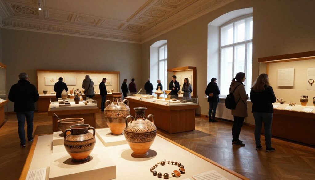 A captivating interior of the Muzeum Początków Państwa Polskiego, showcasing ancient artifacts and historical exhibits. In the foreground, intricately designed pottery and jewelry from the early Polish state, arranged on elegant display cases. The middle ground features well-lit, wooden display tables with informative plaques, surrounded by visitors examining the exhibits, dressed in smart casual attire. The background consists of a high ceiling with stunning architectural details, soft ambient lighting casting warm tones that create an inviting atmosphere. Large windows allow natural light to filter in, illuminating the exhibits while shadows gently dance along the museum walls. The overall mood is educational and inspiring, reflecting the rich history and cultural significance of Poland's beginnings.