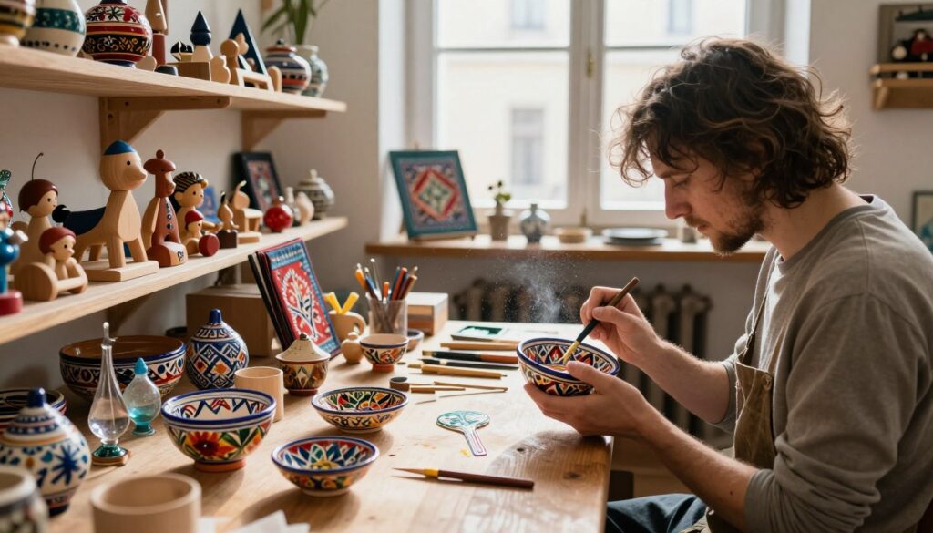 A cozy artisan workshop in Prague filled with handcrafted souvenirs. In the foreground, a skilled artisan, dressed in modest casual clothing, delicately paints a traditional ceramic bowl, showcasing vibrant colors and intricate patterns. Beside them, shelves are lined with various handmade crafts—wooden toys, textile art, and glass ornaments—all reflecting local culture and craftsmanship. The middle ground features a warm wooden table with tools and materials scattered about, emitting a sense of creativity. In the background, large windows let in soft, natural light, creating a welcoming atmosphere. Dust particles dance in the beams of light, emphasizing the artisanal warmth of the space, evoking a sense of cultural richness and authenticity. The overall mood is inviting and inspiring, capturing the soul of local craftsmanship.