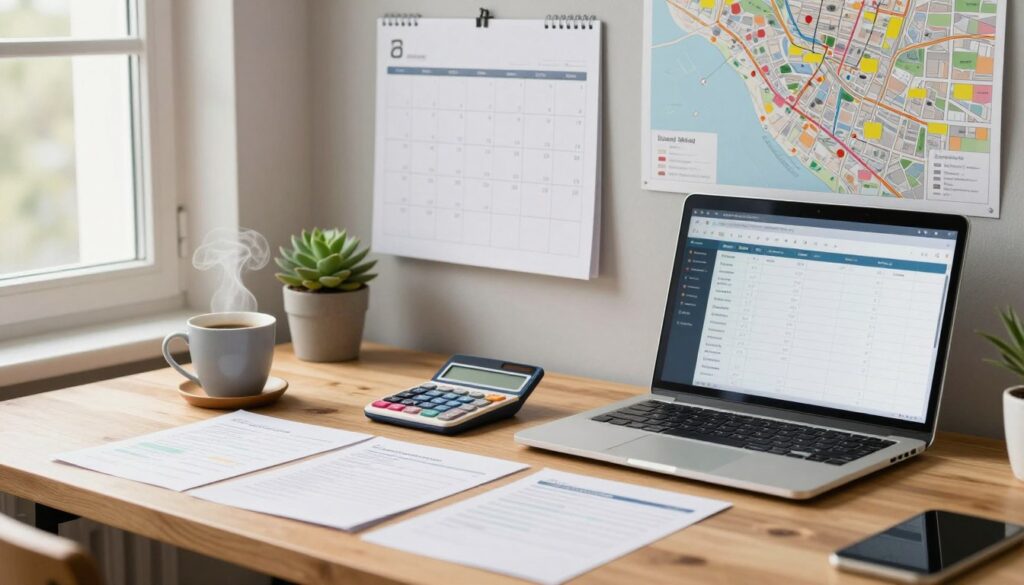 A cozy, inviting workspace for budget planning, featuring a wooden desk with neatly organized papers, a colorful calculator, and a laptop displaying a spreadsheet. In the foreground, a steaming cup of coffee sits beside a potted succulent plant. The middle ground showcases a wall calendar marked with travel dates and a city map of Prague, with highlighted locations. In the background, soft natural light filters through a large window, casting gentle shadows. The atmosphere is warm and productive, encouraging focus and creativity. The scene is organized and professional, with no clutter, emphasizing the theme of effective budget planning for travel. No human subjects are included.