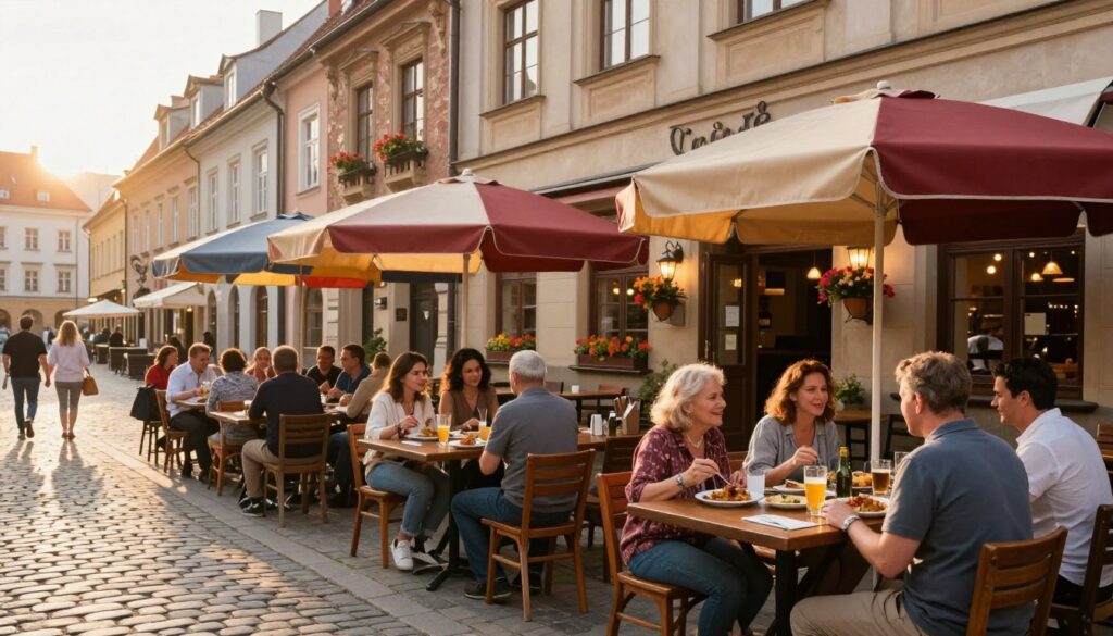 A cozy street view of a charming restaurant in Wrocław, showcasing a welcoming outdoor dining area with wooden tables and colorful umbrellas. In the foreground, a group of diverse diners, dressed in casual clothing, are enjoying traditional Polish dishes and beverages. The middle ground features the restaurant's inviting entrance, adorned with flower pots and warm lighting. In the background, the historic architecture of Wrocław is visible, with gothic buildings and cobblestone streets creating a lively atmosphere. The scene is bathed in soft, golden hour sunlight, casting long shadows and creating a warm, inviting mood. A lens flare adds an enchanting touch to the vibrant colors of the surroundings.
