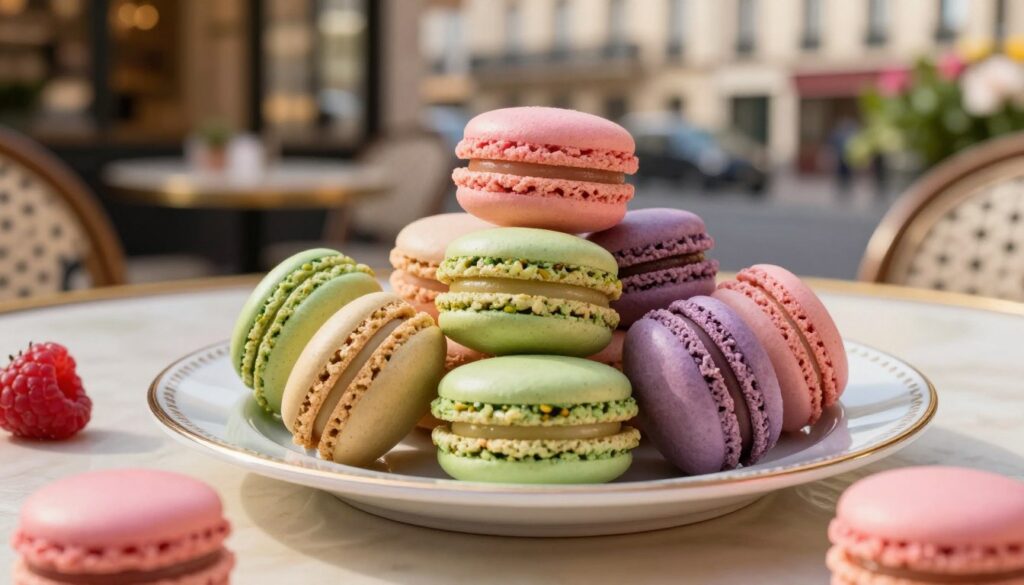 A delicate arrangement of colorful macaron cookies on a beautifully crafted porcelain plate, showcasing a variety of flavors like pistachio green, raspberry pink, and lavender purple. In the foreground, some macarons are stacked artfully, while others are scattered elegantly around the plate. The background features a softly blurred Parisian café scene, with hints of outdoor seating and flowering plants, bathed in warm, golden afternoon sunlight. The composition highlights the textures of the macarons, emphasizing their smooth surfaces and creamy fillings. Use a close-up angle to capture the details, with a shallow depth of field to enhance the sense of intimacy and elegance. The overall atmosphere is inviting and refined, capturing the essence of French culinary sophistication. A delicate arrangement of colorful macaron cookies on a beautifully crafted porcelain plate, showcasing a variety of flavors like pistachio green, raspberry pink, and lavender purple. In the foreground, some macarons are stacked artfully, while others are scattered elegantly around the plate. The background features a softly blurred Parisian café scene, with hints of outdoor seating and flowering plants, bathed in warm, golden afternoon sunlight. The composition highlights the textures of the macarons, emphasizing their smooth surfaces and creamy fillings. Use a close-up angle to capture the details, with a shallow depth of field to enhance the sense of intimacy and elegance. The overall atmosphere is inviting and refined, capturing the essence of French culinary sophistication.