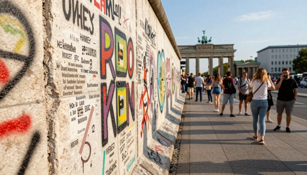 A detailed close-up of a fragment of the Berlin Wall, showcasing its textured surface filled with colorful graffiti and historical significance. The foreground features a weathered piece of the wall, adorned with vibrant street art and messages of hope. The middle ground includes a group of curious tourists, dressed in modest casual clothing, engaging with the wall, capturing photos and reflecting on its history. The background displays a sunny Berlin cityscape with iconic landmarks like the Brandenburg Gate and modern architecture, under a clear blue sky. Soft, warm lighting enhances the scene, evoking a sense of nostalgia and connection to the past, while a shallow depth of field focuses on the wall fragment, inviting the viewer to appreciate its cultural significance. A detailed close-up of a fragment of the Berlin Wall, showcasing its textured surface filled with colorful graffiti and historical significance. The foreground features a weathered piece of the wall, adorned with vibrant street art and messages of hope. The middle ground includes a group of curious tourists, dressed in modest casual clothing, engaging with the wall, capturing photos and reflecting on its history. The background displays a sunny Berlin cityscape with iconic landmarks like the Brandenburg Gate and modern architecture, under a clear blue sky. Soft, warm lighting enhances the scene, evoking a sense of nostalgia and connection to the past, while a shallow depth of field focuses on the wall fragment, inviting the viewer to appreciate its cultural significance.