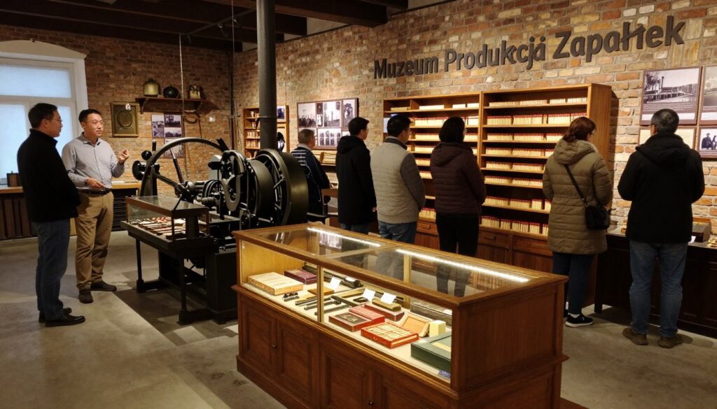 A detailed interior scene of the "Muzeum Produkcji Zapałek," showcasing the intricate history of match production. In the foreground, a beautifully crafted wooden display case holds various vintage matchboxes and tools used in production. To the left, a knowledgeable guide in modest casual clothing explains the exhibits to a group of visitors. In the middle, old machinery and wooden racks filled with matchsticks create a sense of authenticity. The background features rustic brick walls adorned with historical photographs and artifacts related to the match-making process. Soft, warm lighting illuminates the space, enhancing the nostalgic atmosphere. A wide-angle perspective captures the entire exhibit, inviting viewers to explore this unique technical heritage.