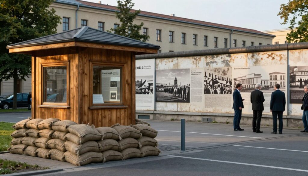A detailed view of Checkpoint Charlie museum in Berlin, showcasing its iconic checkpoint with the distinctive wooden guardhouse and sandbags in the foreground. In the middle ground, historic panels and information displays about the Berlin Wall and Cold War history, slightly weathered, add depth to the composition. The background features a historic building with a modern twist, reflecting Berlin's evolution. The scene is illuminated by soft, warm afternoon light, casting gentle shadows and enhancing the textures of the structures. A few visitors in professional business attire explore the area, adding a sense of modern curiosity. The overall mood is contemplative and reflective, blending history with the vibrant energy of contemporary Berlin life. No text or overlays present.