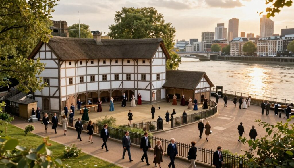 A detailed view of the Globe Theatre on the banks of the River Thames in London, showcasing its iconic wooden structure with a thatched roof, surrounded by lush greenery. In the foreground, a picturesque riverside walkway lined with people dressed in professional attire, enjoying a leisurely stroll. In the middle ground, the theatre is bustling with visitors and actors in period costumes reminiscent of Shakespeare's time, portraying a vibrant atmosphere. The background includes the shimmering Thames River reflecting the warm sunlight and the skyline of London, blending both classic and contemporary architecture. Capture the scene during golden hour to enhance the warm, inviting mood, with soft lighting casting gentle shadows. Use a slightly elevated angle for a panoramic view, emphasizing the connection between the historical site and its modern surroundings.