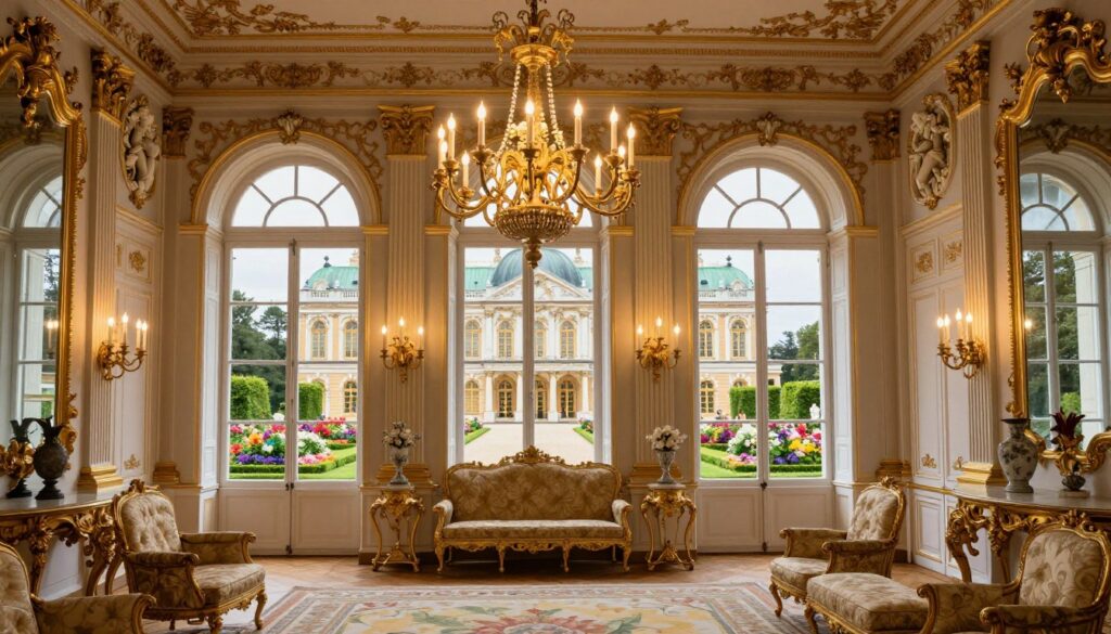 A grand and opulent interior of a palace inspired by the Sobieski and Potocki families, showcasing rich Baroque and Rococo architectural details. In the foreground, a beautifully decorated salon with ornate chandeliers casting a warm glow over intricate gold leaf moldings and plush furnishings. In the middle, large windows reveal a glimpse of lush gardens filled with vibrant flowers and manicured hedges. The background features the majestic façade of the Wilanów Palace, accentuated by elegant sculptures and classical columns. The scene is softly illuminated, creating a regal and inviting atmosphere, capturing the essence of Polish nobility. Use a slightly elevated angle to emphasize the grandeur, with a focus on textures and colors that evoke history and heritage. Ensure the image is devoid of text or any identifiers.