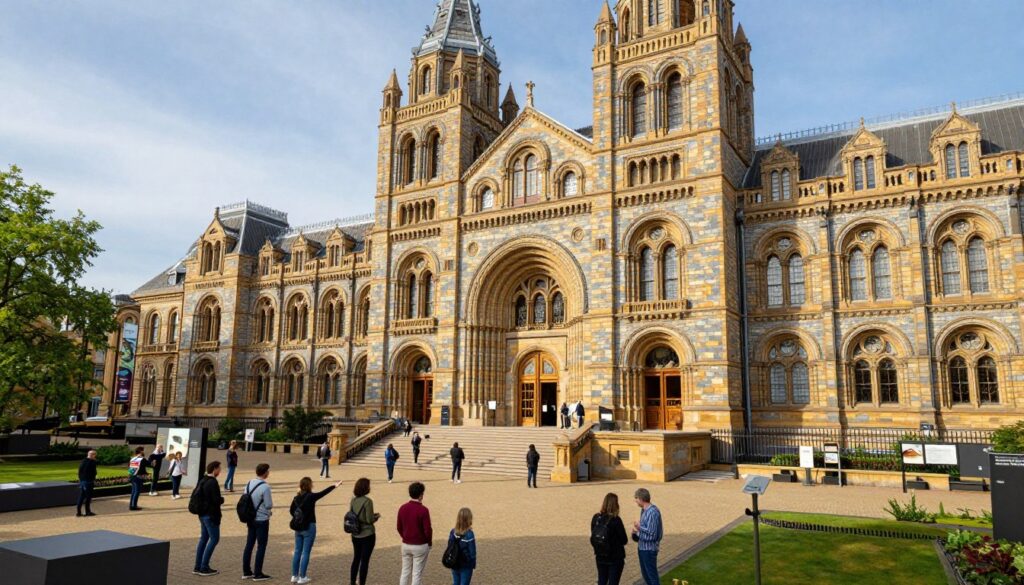 A grand view of the Natural History Museum in London, showcasing its magnificent Victorian architecture with intricate stone carvings and fossil motifs. In the foreground, visitors of diverse backgrounds, dressed in modest casual clothing, are engaged in exploring the museum, pointing at exhibits. The middle ground features the museum’s iconic entrance with large wooden doors and a stunning staircase, adorned with banners showcasing dinosaur exhibits. The background reveals lush green trees in the museum’s surrounding gardens, with a clear blue sky overhead. The scene is bathed in warm afternoon light, creating an inviting and adventurous atmosphere that inspires curiosity and exploration. The perspective is slightly elevated, capturing the full glory of the building and its vibrant surroundings.