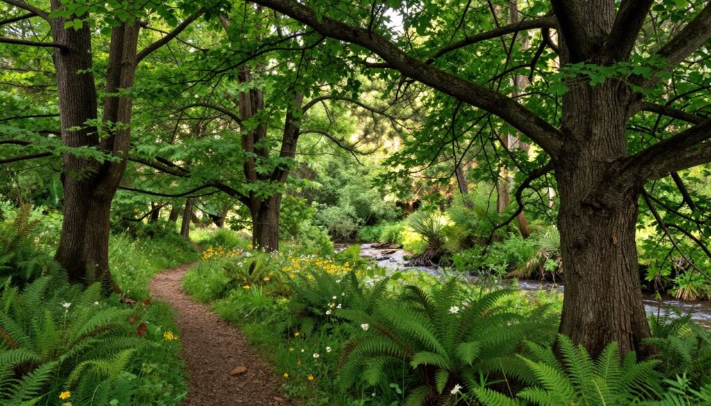 A lush, dense forest scene showcasing the rich biodiversity of the Polish wilderness near Kraków. In the foreground, subtle trails winding between towering, ancient trees with thick trunks and sprawling branches covered in vibrant green foliage. The middle ground features patches of wildflowers and ferns, adding bursts of color to the verdant landscape. In the background, soft sunlight filters through the trees, creating a serene atmosphere with dappled light effects on the forest floor. A serene stream glimmers in the distance, enhancing the tranquility of this natural haven. The overall mood is peaceful and inviting, ideal for hiking and exploration, captured from a slightly elevated perspective to highlight the expansive beauty of the wilderness.