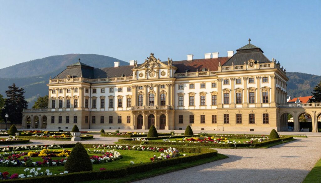 A magnificent view of the Pałac Biskupów Krakowskich, showcasing its grand baroque architecture. In the foreground, a beautifully manicured garden with blooming flowers and elegant pathways, inviting the viewer to explore. The middle ground highlights the palace itself, with intricate façades, large windows, and ornamental details that reflect its historical significance. The background features the serene silhouette of the Świętokrzyskie Mountains under a clear blue sky. Warm, soft daylight casts gentle shadows, enhancing the textures of the stonework. Capture the scene from a slightly elevated angle to provide a comprehensive view of the palace's grandeur. The mood should be tranquil and inspiring, evoking the beauty of this architectural gem nestled in the heart of Poland.