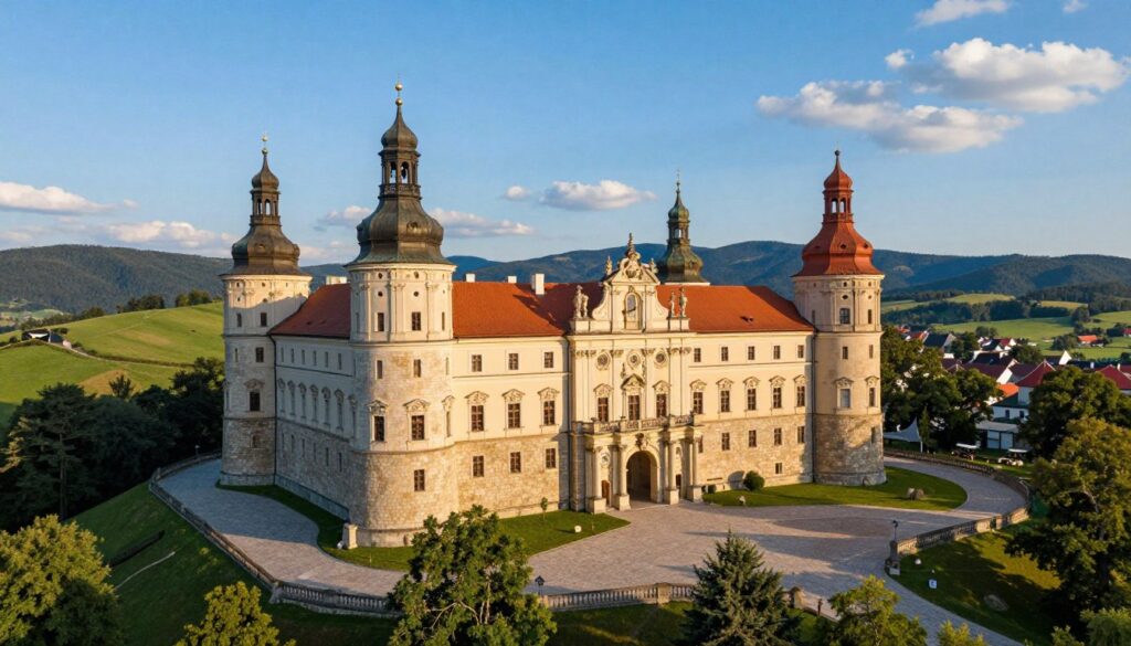 A majestic aerial view of Zamek Krzyżtopór in Ujazd, showcasing its robust, baroque architecture with intricate stone details and expansive courtyards. In the foreground, lush green landscapes and rolling hills frame the castle, while the middle ground highlights the castle's grand entrance and ornate towers, bathed in warm, golden sunlight. The background features a clear blue sky, scattered white clouds, and the distant silhouette of the Świętokrzyskie Mountains, enhancing the sense of location. The atmosphere is serene and inviting, inviting viewers to explore the beauty and history of this remarkable fortress. The image is cropped to capture the castle from a slight angle, accentuating its grandeur and historical significance, with a focus on clarity and detail, evoking a sense of wonder and adventure.