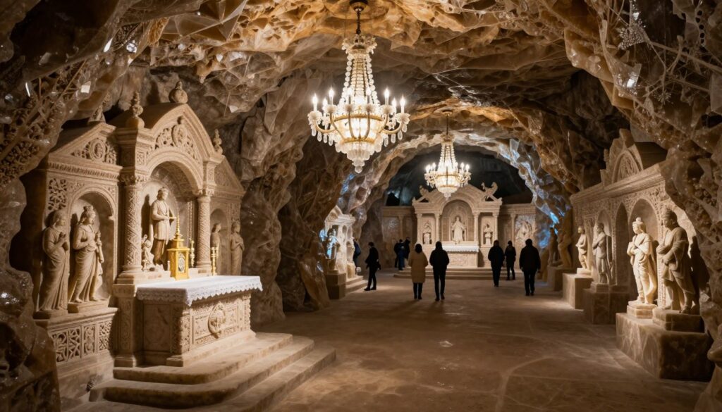 A mesmerizing view of the Wieliczka Salt Mine, showcasing intricate salt-carved sculptures and ornate chandeliers made from salt crystals. In the foreground, a wide, illuminated cavern reveals a stunning altar and detailed carvings on the walls, highlighting the craftsmanship involved. The middle ground features a series of winding pathways leading to grand chambers, with visitors in professional attire exploring the rich history. The background fades into shadowy recesses of the mine, emphasizing the depth and mystery of this UNESCO World Heritage site. Soft, warm lighting enhances the textures of the salt, creating a mystical, inviting atmosphere. The composition is framed with a slight upward angle, giving a sense of grandeur and scale to the underground marvel. A mesmerizing view of the Wieliczka Salt Mine, showcasing intricate salt-carved sculptures and ornate chandeliers made from salt crystals. In the foreground, a wide, illuminated cavern reveals a stunning altar and detailed carvings on the walls, highlighting the craftsmanship involved. The middle ground features a series of winding pathways leading to grand chambers, with visitors in professional attire exploring the rich history. The background fades into shadowy recesses of the mine, emphasizing the depth and mystery of this UNESCO World Heritage site. Soft, warm lighting enhances the textures of the salt, creating a mystical, inviting atmosphere. The composition is framed with a slight upward angle, giving a sense of grandeur and scale to the underground marvel.