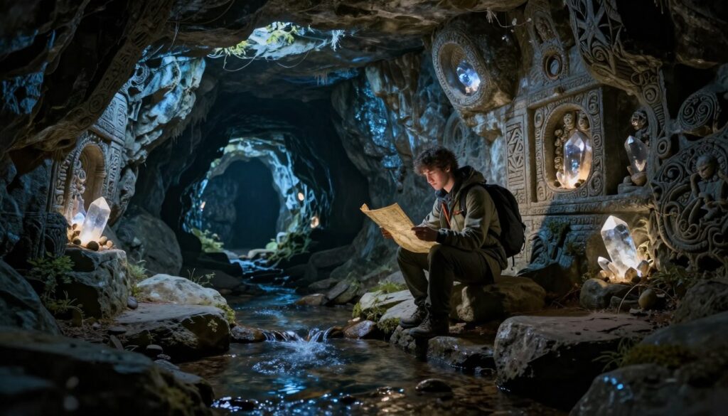 A mystical underground chamber inspired by the Karkonosze Mountains, filled with ancient stone walls adorned with intricate carvings and glowing crystals highlighting hidden secrets. In the foreground, a gently flowing underground stream reflects soft, diffused light, creating a serene atmosphere. The middle ground features an explorer in modest outdoor clothing, examining an old map, embodying curiosity and intrigue. In the background, shadows hint at mysterious passages extending into darkness, creating a sense of depth and adventure. The overall mood is enchanting and slightly eerie, with cool, blue-toned lighting enhancing the otherworldly feel of the subterranean secrets and history of the region.