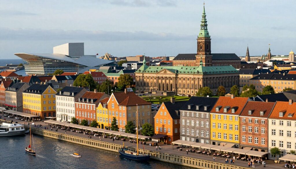A panoramic view of Copenhagen showcasing its blend of historic and modern architecture. In the foreground, capture the iconic Nyhavn harbor with colorful 17th-century buildings lining the waterfront, while people in modest casual clothing enjoy leisurely activities like sailing and dining. The middle ground features the majestic Amalienborg Palace, surrounded by manicured gardens, highlighting royal elegance. In the background, the modern design of the Copenhagen Opera House glimmers by the water, contrasted by the towering Christiansborg Palace, symbolizing the city's rich history. The scene is bathed in soft, warm afternoon light that enhances the vibrant colors, creating a welcoming atmosphere. Use a wide-angle lens to encompass the beauty of the cityscape. A panoramic view of Copenhagen showcasing its blend of historic and modern architecture. In the foreground, capture the iconic Nyhavn harbor with colorful 17th-century buildings lining the waterfront, while people in modest casual clothing enjoy leisurely activities like sailing and dining. The middle ground features the majestic Amalienborg Palace, surrounded by manicured gardens, highlighting royal elegance. In the background, the modern design of the Copenhagen Opera House glimmers by the water, contrasted by the towering Christiansborg Palace, symbolizing the city's rich history. The scene is bathed in soft, warm afternoon light that enhances the vibrant colors, creating a welcoming atmosphere. Use a wide-angle lens to encompass the beauty of the cityscape.