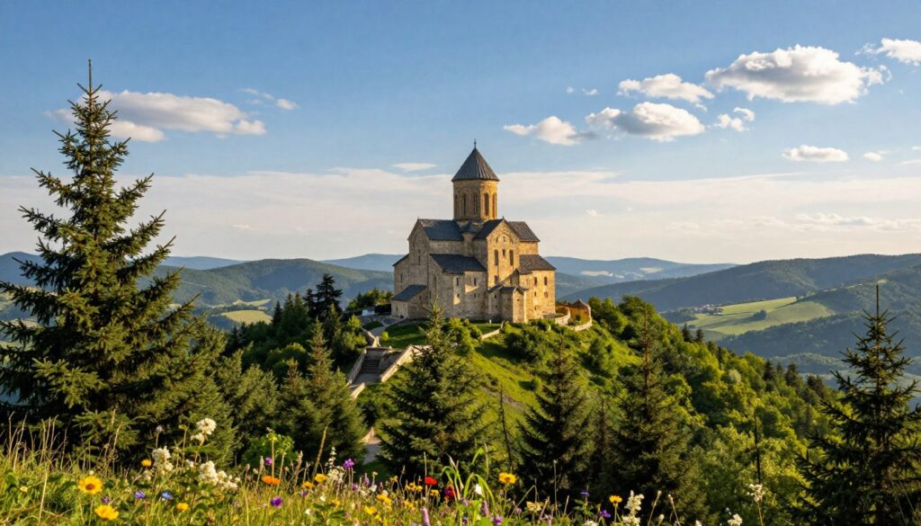 A panoramic view of Święty Krzyż mountain, capturing the iconic silhouette of the Holy Cross Monastery perched at the peak. In the foreground, vibrant green pine trees frame the scene, while blooming wildflowers add pops of color. The middle ground showcases the impressive stone structure of the monastery, with its distinctive baroque architecture, set against a clear blue sky dotted with wispy white clouds. In the background, the rolling hills of the Świętokrzyskie mountains create a serene, undulating landscape bathed in soft, warm sunlight, evoking a peaceful atmosphere. The scene should be captured from a slightly elevated angle to emphasize both the monastery and the natural beauty surrounding it, inviting exploration and a sense of tranquility.