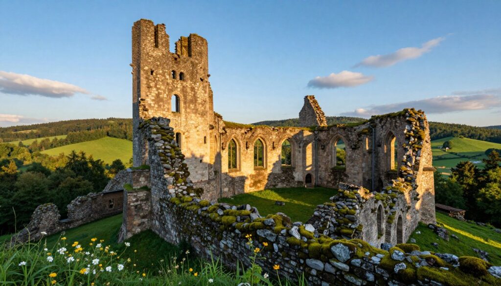 A panoramic view of the ruins of Stary Książ castle, nestled in the lush Książański Park Krajobrazowy. In the foreground, weathered stone remnants of towers and walls partially covered in vibrant green moss, surrounded by wildflowers in bloom. The middle ground features the castle's large arched windows and crumbling battlements, casting long shadows in the warm golden light of late afternoon. In the background, rolling green hills dotted with dense forests extend toward a clear blue sky, where wispy clouds drift lazily. Soft backlighting enhances the romantic and mysterious atmosphere, inviting exploration into the secrets of this historical site. Captured with a slightly low angle to emphasize the grandeur of the ruins against nature's embrace, creating a serene yet intriguing visual narrative.