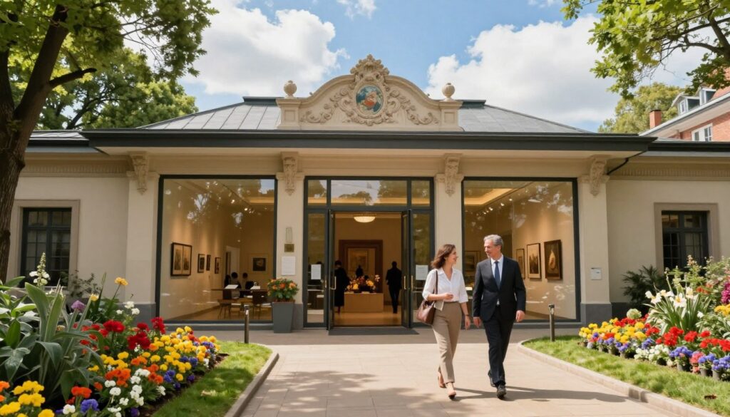 A picturesque and inviting museum entrance, showcasing an elegant and historical building with ornate architecture, surrounded by green trees and colorful flower beds in full bloom. In the foreground, a well-maintained pathway leads visitors towards the entrance, with people dressed in professional attire exchanging smiles as they approach the museum. In the middle, large glass doors open to a warm and welcoming lobby filled with natural light streaming in, highlighting artistic exhibits. In the background, the sky is bright blue with fluffy white clouds, reflecting a cheerful atmosphere. The image captures an inviting, culturally rich ambiance, emphasizing a sense of discovery and appreciation for art and history, with soft, diffused lighting creating a serene mood.