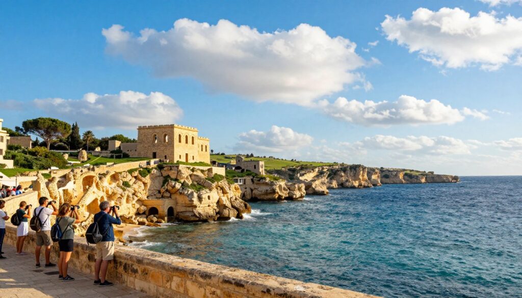 A picturesque coastal scene in Malta during a bright, sunny day, showcasing vibrant blue skies and fluffy, white clouds. In the foreground, a group of modestly dressed tourists with cameras enjoying the breathtaking view of high cliffs jutting out over the shimmering Mediterranean Sea. The middle layer displays historical sites, including ancient stone structures and remnants of past cultures, catching the warm sunlight that enhances their textures. In the background, lush greenery contrasts with the rocky landscape, while gentle waves lap against the shore. The lighting is warm and inviting, creating a cheerful atmosphere that reflects the ideal conditions for exploration. Capture this scene at a slight angle for depth, emphasizing the harmony between nature and history.