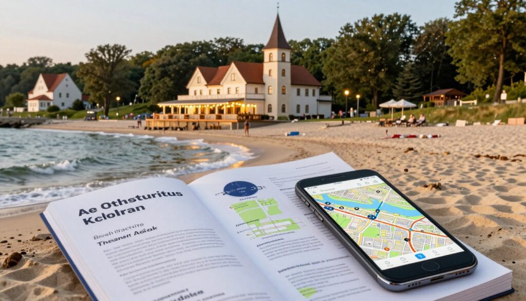 A picturesque coastal scene of Kołobrzeg, Poland, illustrating practical travel tips for visitors. In the foreground, a neatly organized travel guidebook and a smartphone displaying a map, with a backdrop of a sandy beach and gentle waves. The middle layer features a quaint seaside hotel with welcoming lights, suggesting a cozy atmosphere for travelers. In the background, historic landmarks blend elegantly with lush greenery, capturing the essence of exploration. The lighting is warm, evoking a late afternoon sun, creating a serene and inviting mood. The image should convey a sense of adventure, comfort, and easy access to both history and nature, all framed with a wide-angle view to capture the vibrant seaside setting.