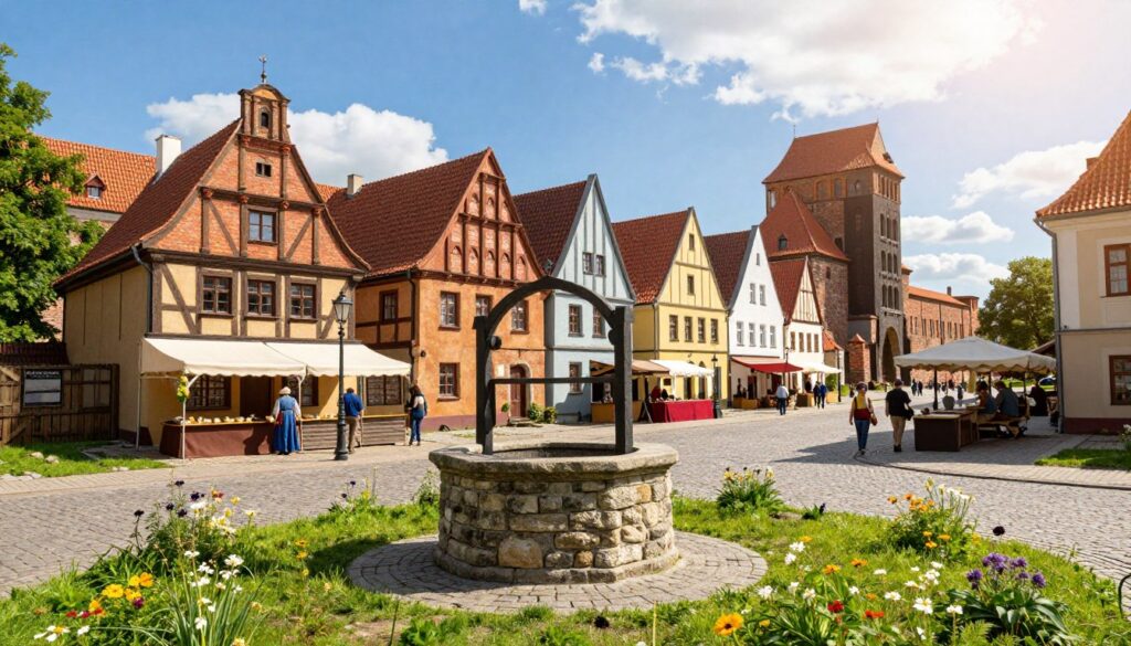 A picturesque medieval scene of Chełmno, showcasing its historic architecture and quaint cobblestone streets. In the foreground, a classic medieval stone well surrounded by lush green grass and blooming wildflowers. The middle ground features charming half-timbered houses with ornate gables, bustling market stalls, and townsfolk dressed in modest medieval attire engaged in daily activities. The background reveals a fortified town wall, its towers silhouetted against a clear blue sky, with scattered clouds adding depth. Warm sunlight bathes the scene, creating a serene and inviting atmosphere. The angle is slightly elevated, providing a comprehensive view while retaining focus on the vibrant life of this historical settlement.