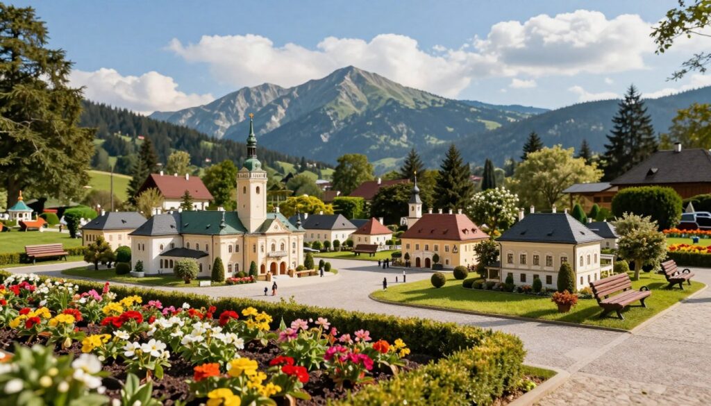A picturesque miniatur park nestled in the scenic mountainous region of Karpacz, featuring detailed replicas of famous local landmarks. In the foreground, vibrant flower beds bloom with colorful blossoms, accompanied by neatly trimmed hedges and miniature paths. The middle ground showcases exquisitely crafted miniatures of Karpacz's iconic buildings, surrounded by lush greenery and small wooden benches inviting visitors to relax. The background reveals majestic mountains under a bright blue sky, subtly accentuated by soft, fluffy clouds. The scene is illuminated by warm, natural sunlight, casting gentle shadows that enhance the intricate details of the miniatures. The atmosphere is serene and inviting, perfect for a day out exploring delightful attractions in nature.