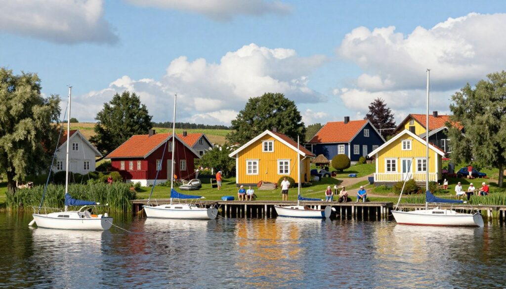 A picturesque sailing village set in the heart of the Mazury region, showcasing charming wooden houses with colorful facades lining a serene waterfront. In the foreground, a tranquil marina is dotted with various sailing boats gently bobbing against the sparkling water. The middle ground features locals and families enjoying leisurely activities such as sailing and fishing, all dressed in modest, casual summer attire. Lush greenery surrounds the area, with trees reflecting in the calm lake. In the background, rolling hills and a clear blue sky filled with fluffy white clouds create a sense of tranquility. The atmosphere is warm and inviting, illuminated by soft, natural sunlight, creating a picturesque and idyllic scene that captures the essence of life in a sailing village.