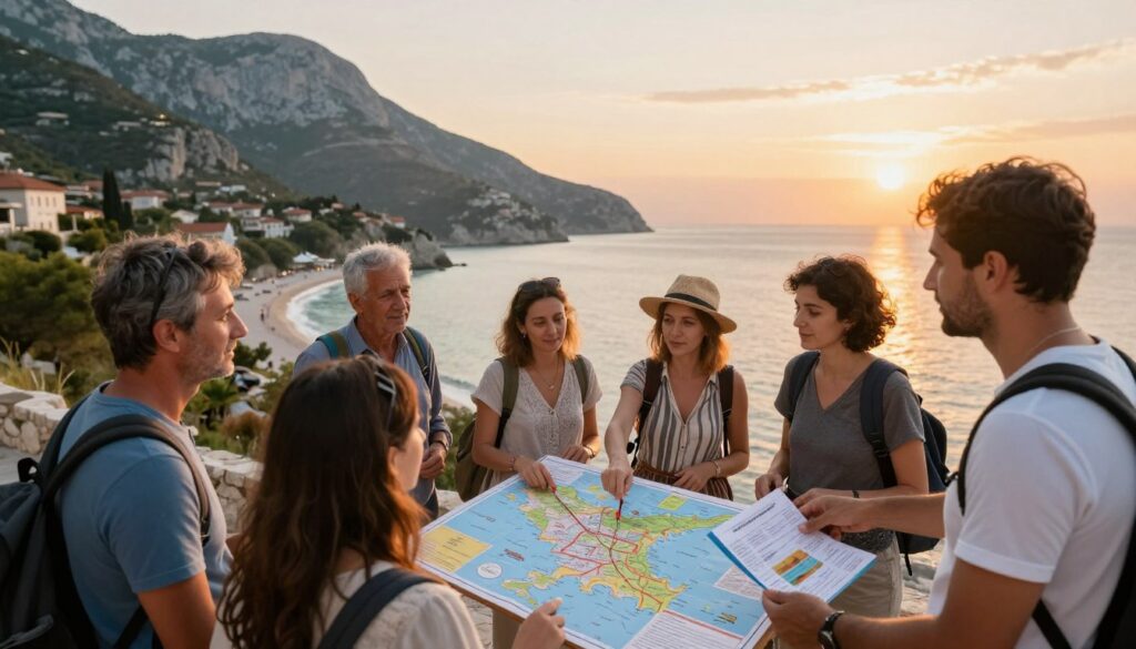 A picturesque scene capturing practical travel tips for tourists visiting Albania. In the foreground, a diverse group of travelers dressed in comfortable, modest casual clothing is gathered around a well-organized travel map and a brochure, pointing at highlights of the Albanian coastline and mountains. The middle ground features stunning landscapes of sandy beaches beside rugged mountains, showcasing the natural beauty of the country. The background reveals a serene Mediterranean sky at sunset, casting a warm, golden glow over the scene. The atmosphere is vibrant and friendly, with the sun's rays highlighting the travelers' engaged expressions. The image should evoke a sense of adventure and exploration, with soft yet directional lighting to enhance the details of the landscape and the travelers' interaction.