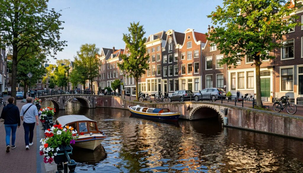 A picturesque scene of Amsterdam’s historic canals during a serene afternoon, featuring gently rippling water reflecting quaint, narrow houses along the water's edge. In the foreground, vibrant flowers in window boxes add a splash of color, while a couple of people dressed in casual clothing enjoy a leisurely stroll along the cobbled pathways. In the middle, traditional boats are moored, and cyclists pass by, embracing the city's cycle-friendly culture. The background showcases iconic bridges arching over the canals, framed by lush green trees under a clear blue sky. Soft, golden sunlight casts gentle shadows, creating a warm and inviting atmosphere that encapsulates the charm of a day spent exploring Amsterdam’s canal system.