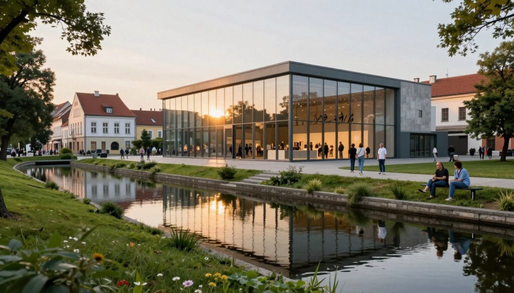 A picturesque scene of a modern museum situated on the beautiful Wyspa Młyńska in Bydgoszcz. In the foreground, a serene canal reflects the museum's glass façade, showcasing contemporary architecture that harmonizes with the natural landscape. Lush greenery borders the canal, with tourists in casual attire enjoying the tranquil atmosphere. In the middle ground, visitors can be seen engaging with various exhibits visible through the museum's expansive windows. The background features charming historic buildings typical of the Bydgoszcz cityscape, with soft, golden evening light illuminating the scene, casting gentle shadows. The angle captures a wide view, creating an inviting and warm ambiance, evoking a sense of curiosity and exploration.
