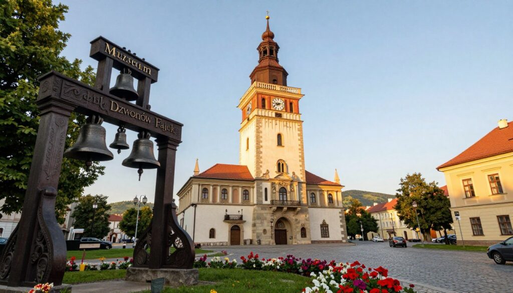 A picturesque scene of the Clock Tower in Przemyśl, with the "Muzeum Dzwonów Fajek" prominently featured. In the foreground, detailed carvings of traditional bells and pipes symbolize the museum’s collection. The middle ground shows the historical Clock Tower, its tall structure adorned with intricate architecture, surrounded by vibrant flowers and cobblestone streets. In the background, gentle hills with greenery reflect the serene atmosphere of the city. The lighting is warm, suggesting a golden hour glow, enhancing the nostalgic feel of the scene. Capture the view from a slightly low angle to emphasize the tower's height, creating a sense of grandeur and inviting exploration of Przemyśl's rich multicultural history.