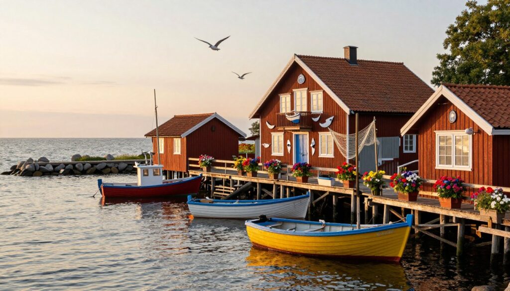 A picturesque scene of the "Skarbnica Wioski Rybackiej" in Chłopy, capturing the essence of a traditional fishing village. In the foreground, colorful wooden fishing boats gently bob in a calm harbor, surrounded by vibrant flowers and small, rustic fishing shacks. The middle ground features the charming Skarbnica building, adorned with nautical decorations and fishing nets, exuding a welcoming atmosphere for visitors. In the background, the tranquil waters of the Baltic Sea glisten under a soft, golden sunset, with a few seagulls flying overhead. The scene is bathed in warm, natural light, highlighting the textures of wood and water. The mood is peaceful and inviting, perfect for showcasing this hidden gem of the coastal charm in Mielno. A picturesque scene of the "Skarbnica Wioski Rybackiej" in Chłopy, capturing the essence of a traditional fishing village. In the foreground, colorful wooden fishing boats gently bob in a calm harbor, surrounded by vibrant flowers and small, rustic fishing shacks. The middle ground features the charming Skarbnica building, adorned with nautical decorations and fishing nets, exuding a welcoming atmosphere for visitors. In the background, the tranquil waters of the Baltic Sea glisten under a soft, golden sunset, with a few seagulls flying overhead. The scene is bathed in warm, natural light, highlighting the textures of wood and water. The mood is peaceful and inviting, perfect for showcasing this hidden gem of the coastal charm in Mielno.