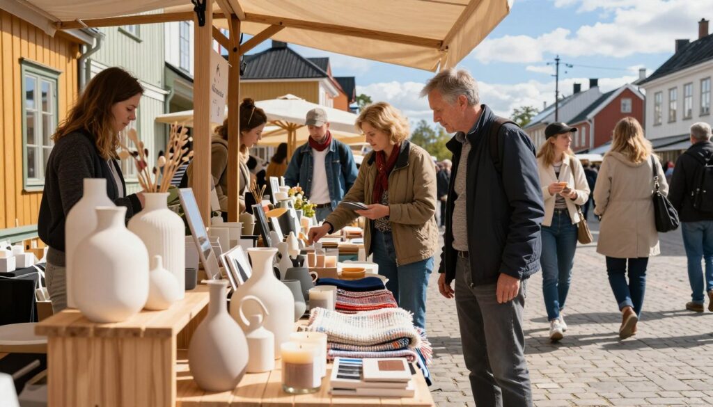 A picturesque scene showcasing the essence of Scandinavian design, featuring a vibrant Swedish market bustling with activity. In the foreground, a wooden stall adorned with beautifully crafted home decor items—minimalist vases, handwoven textiles, and aromatic candles. In the middle ground, shoppers of various backgrounds, dressed in stylish yet modest casual attire, peruse the goods with curiosity. The background reveals charming traditional Swedish architecture, painted in soft pastels, under a bright, sunny sky. Soft, natural light enhances the inviting atmosphere, casting gentle shadows that evoke a sense of warmth and community. A sense of exploration and the joy of discovery pervades the scene, perfectly encapsulating the search for unique souvenirs in Sweden.