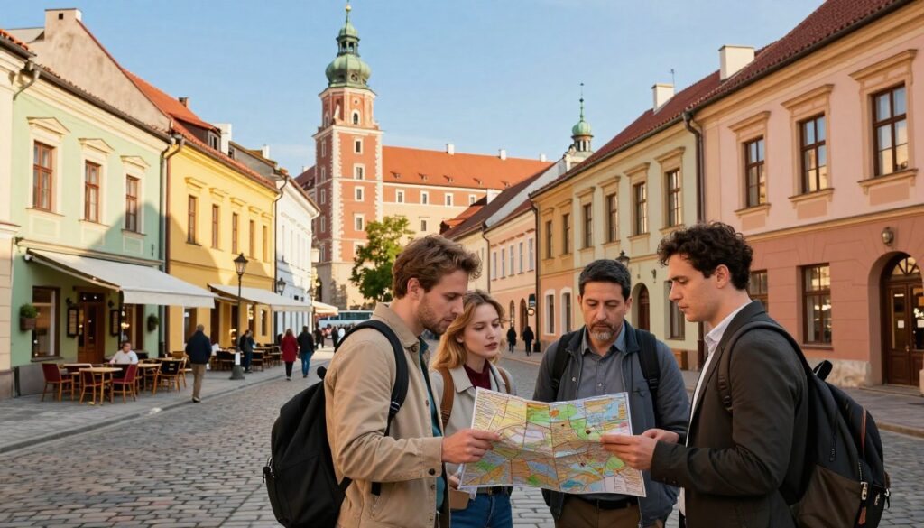 A picturesque urban scene showcasing the essence of exploring the historical center of Lublin. In the foreground, a diverse group of tourists dressed in smart-casual attire examines a detailed map, discussing their next destination with excitement. The middle ground features charming cobblestone streets lined with colorful, centuries-old buildings, inviting cafes, and local shops. In the background, the impressive Lublin Castle stands against a clear blue sky, basking in warm, golden sunlight. Soft shadows add depth to the scene, enhancing the cozy atmosphere of a bustling city ripe for discovery. The angle is slightly elevated, providing a comprehensive view that emphasizes both the architectural beauty and the vibrant life of the city, inviting viewers to immerse themselves in the rich culture and hidden gems waiting to be discovered.