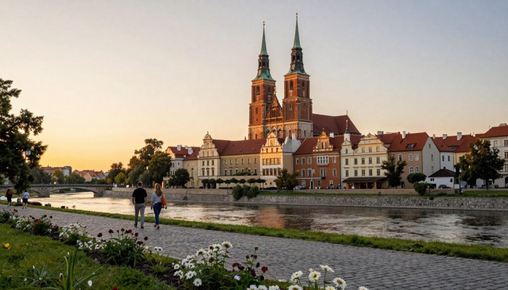 A picturesque view of Ostrów Tumski in Wrocław, showcasing its historic architecture. In the foreground, delicate flowers bloom beside cobblestone pathways, inviting visitors to explore. The middle ground features iconic landmarks such as the Cathedral of St. John the Baptist, with its twin towers reaching towards the sky, and charming old buildings with ornate facades. The background reveals a serene river reflecting the warm glow of a golden sunset, casting soft, warm light over the scene. The atmosphere is tranquil and nostalgic, as a few modestly dressed tourists stroll leisurely. Capture this scene using a wide-angle lens to emphasize depth, with a focus on the vibrant colors of the sunset and the intricate details of the architecture. Aim for a soft focus on the background to enhance the feeling of serenity.