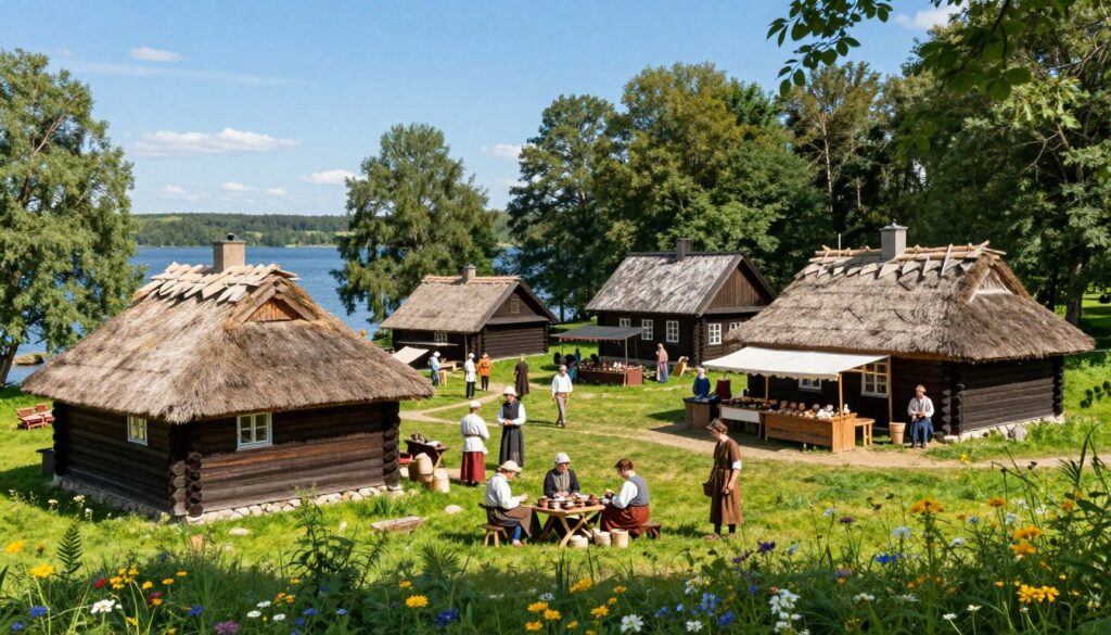 A picturesque view of Skansen Słowian i Wikingów on the island of Wolin, capturing the essence of a historical village. In the foreground, traditional wooden houses with thatched roofs, surrounded by vibrant green grass and blooming wildflowers. Several people in modest, period-appropriate attire, engaging in crafts and activities from the Slavic and Viking eras, such as weaving and pottery. The middle ground showcases a bustling market area, with wooden stalls displaying handmade goods. In the background, lush forests merge with a serene lake under a clear blue sky, with soft sunlight filtering through the leaves, casting dappled shadows. The atmosphere is lively yet tranquil, evoking a sense of history and culture, perfect for illustrating the beauty of this unique open-air museum.