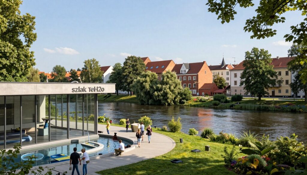 A picturesque view of Szlak TeH2O, the Museum of Technology and Water in Bydgoszcz, showing the modern architecture of the museum with its sleek lines and glass façade in the foreground. In the middle ground, highlight the surrounding lush greenery along the banks of the Brda River, where visitors engage with interactive water exhibits. In the background, the historic buildings of Wyspa Młyńska peek through the trees, set against a clear blue sky. Soft, natural sunlight bathes the scene, capturing a warm and inviting atmosphere. The angle is slightly elevated, offering a comprehensive view that emphasizes the museum's connection to the city's technical heritage and the serene environment. Focus on a tranquil, explorative mood, inviting viewers to experience the fusion of technology and nature.