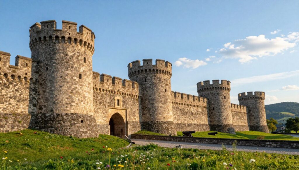 A picturesque view of Twierdza Srebrna Góra, featuring its imposing granite walls and unique star-shaped architecture. In the foreground, lush green grass dotted with colorful wildflowers frames the fortress entrance. The middle ground showcases the ancient stone walls and bastions, intricately detailed with weathered textures, while a glimpse of historic cannons hints at its military past. In the background, rolling hills and a clear blue sky add depth, with soft clouds creating a serene atmosphere. The scene is bathed in warm, golden afternoon sunlight, casting gentle shadows that enhance the structure's dramatic forms. Capture this majestic fortress from a slight low angle, emphasizing its grandeur and the sense of history it embodies. A picturesque view of Twierdza Srebrna Góra, featuring its imposing granite walls and unique star-shaped architecture. In the foreground, lush green grass dotted with colorful wildflowers frames the fortress entrance. The middle ground showcases the ancient stone walls and bastions, intricately detailed with weathered textures, while a glimpse of historic cannons hints at its military past. In the background, rolling hills and a clear blue sky add depth, with soft clouds creating a serene atmosphere. The scene is bathed in warm, golden afternoon sunlight, casting gentle shadows that enhance the structure's dramatic forms. Capture this majestic fortress from a slight low angle, emphasizing its grandeur and the sense of history it embodies.