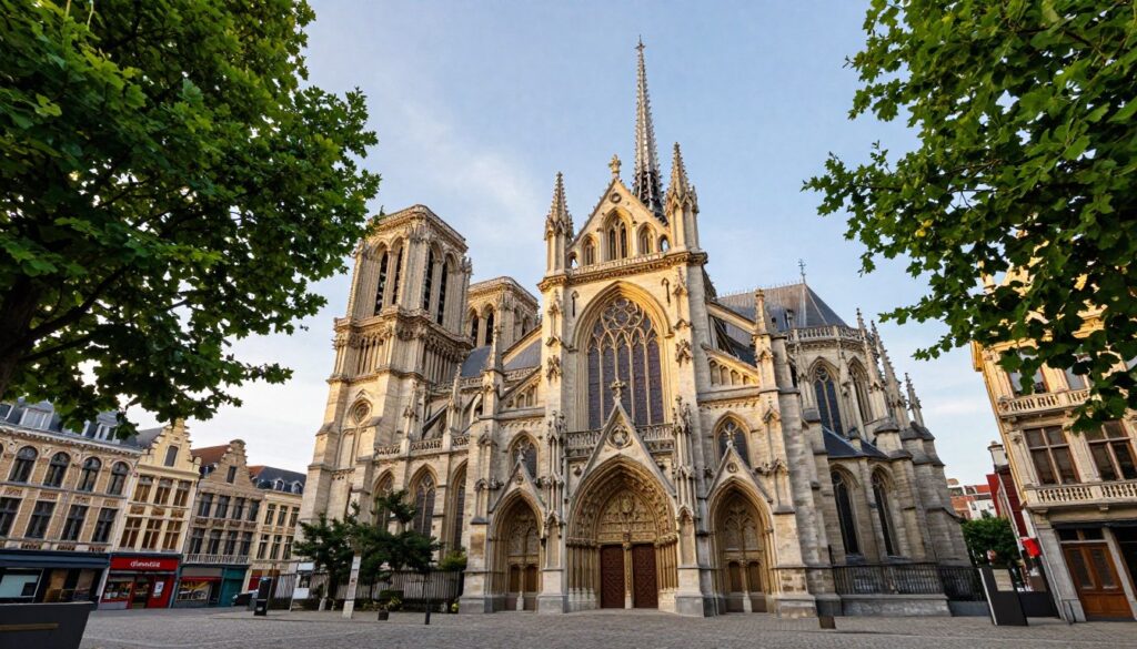 A picturesque view of the Church of Notre-Dame du Sablon in Brussels, capturing its stunning Gothic architecture with detailed spires and ornate stained glass windows. In the foreground, lush green trees frame the scene, with a cobblestone path leading to the entrance, inviting visitors to explore its beauty. The middle ground showcases charming Brussels buildings with intricate facades, hinting at the Art Nouveau style. The background features a soft blue sky illuminated by gentle sunlight, enhancing the serene atmosphere. The image should evoke a sense of tranquility and historical charm, ideal for highlighting the allure of this iconic neighborhood. The scene should be captured from a slight low angle to emphasize the church's grandeur, ensuring a warm, inviting mood without any text or people present.