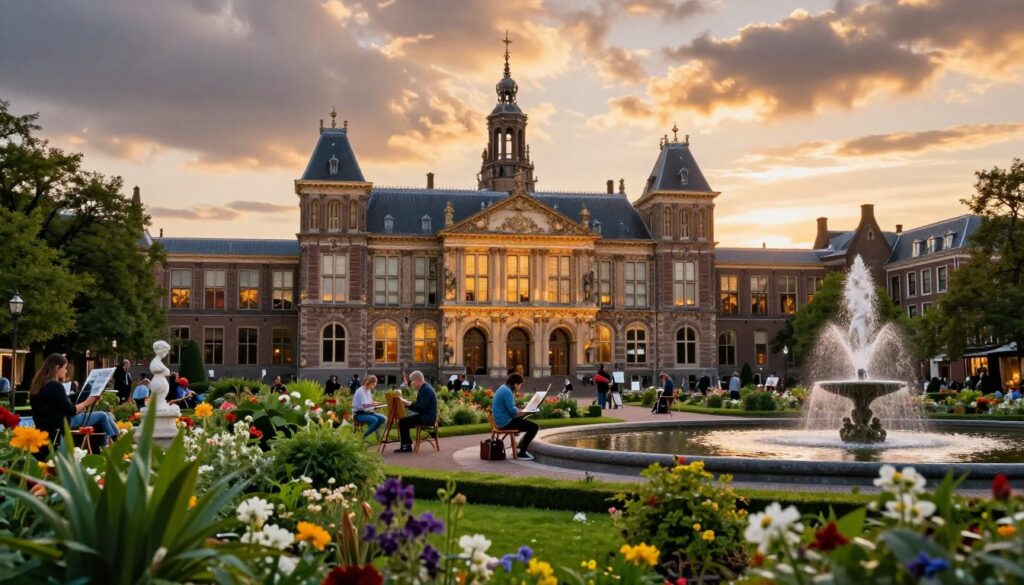 A picturesque view of the Hague as a center of royal power and art, featuring the iconic Binnenhof, its historic architecture beautifully illuminated by warm, golden sunset light. In the foreground, lush green gardens with colorful flowers and a tranquil fountain create a serene atmosphere. The middle ground showcases artists at work, painting and sculpting, symbolizing the city's cultural vibrancy. The background reveals the elegant silhouette of the Mauritshuis museum against a dramatic sky, highlighting its rich art collections. The image captures a harmonious blend of history and creativity, with a soft-focus lens effect to enhance the mood of artistic inspiration and royal heritage.