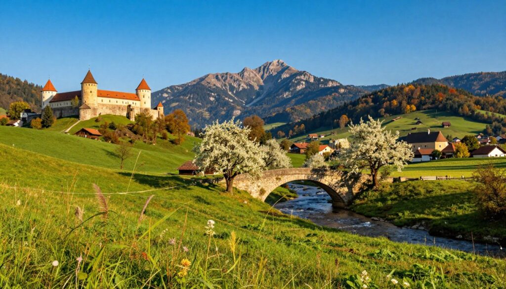 A picturesque view of the Kłodzko region, showcasing rolling hills and scattered woodland under a vibrant blue sky. In the foreground, lush green meadows with a few wildflowers sway gently in the breeze. Moving to the middle ground, a historic stone bridge arches gracefully over a gently flowing stream, surrounded by blooming trees. To the left, you can see a glimpse of the Kłodzko Fortress perched on a hill, its ancient walls reflecting warm sunlight. In the background, majestic mountains rise, their peaks dusted with a hint of autumn colors, adding depth to the scene. The lighting is warm and inviting, evoking a serene, nostalgic atmosphere, as if capturing a perfect day in a quaint, timeless landscape. A picturesque view of the Kłodzko region, showcasing rolling hills and scattered woodland under a vibrant blue sky. In the foreground, lush green meadows with a few wildflowers sway gently in the breeze. Moving to the middle ground, a historic stone bridge arches gracefully over a gently flowing stream, surrounded by blooming trees. To the left, you can see a glimpse of the Kłodzko Fortress perched on a hill, its ancient walls reflecting warm sunlight. In the background, majestic mountains rise, their peaks dusted with a hint of autumn colors, adding depth to the scene. The lighting is warm and inviting, evoking a serene, nostalgic atmosphere, as if capturing a perfect day in a quaint, timeless landscape.