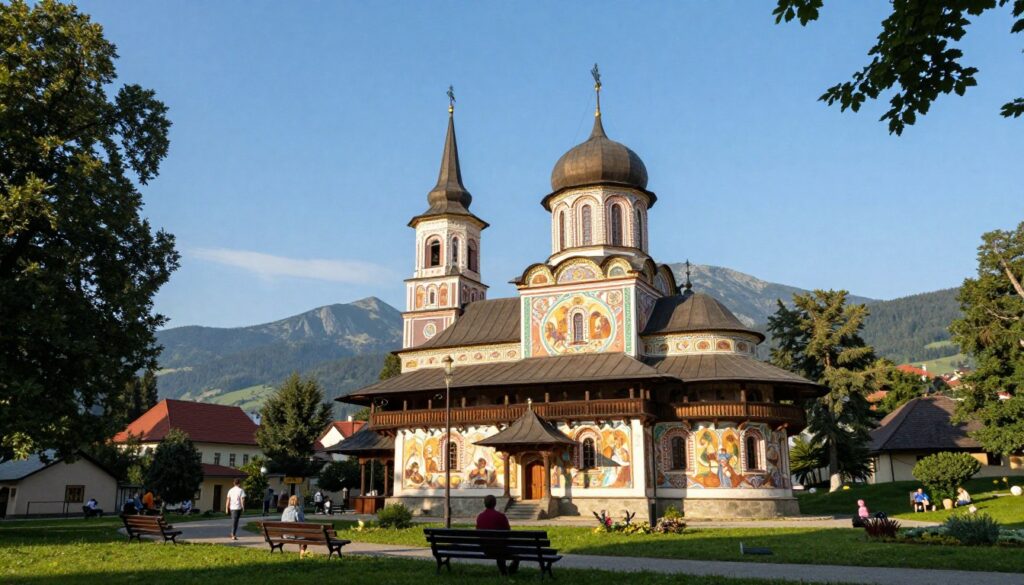 A picturesque view of the Orthodox Church in Jelenia Góra, showcasing its striking architecture with intricate wooden details and vibrant colors. In the foreground, a serene park with well-maintained greenery, benches, and visitors in modest attire enjoying the peaceful atmosphere. The middle ground features the church's impressive facade adorned with beautiful frescoes and a prominent onion dome, standing tall against a clear blue sky. In the background, rolling hills lead into the stunning Karkonosze Mountains, subtly blurred to enhance depth. The scene is illuminated by soft, warm sunlight, casting gentle shadows that evoke a tranquil and historic mood, capturing the essence and rich heritage of the church and its surroundings.