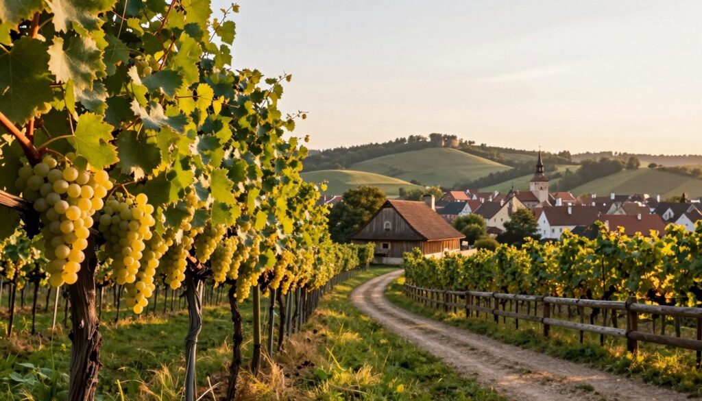 A picturesque view of the Sandomierski Szlak Winiarski, featuring lush vineyards in full grape production. In the foreground, ripe clusters of grapes hang from green vines, glistening in the soft golden sunlight. The middle ground showcases a winding path lined with quaint wooden fences, with a rustic winery nestled among the hills. In the background, rolling hills and the quaint silhouette of Sandomierz's old town can be seen, with historical architecture blending harmoniously into the landscape. The scene is bathed in warm, inviting light during golden hour, creating a tranquil, serene atmosphere, as if inviting viewers to explore the rich history and beauty of the area. The angle captures both the grapevines and the distant town, emphasizing the connection between nature and heritage.