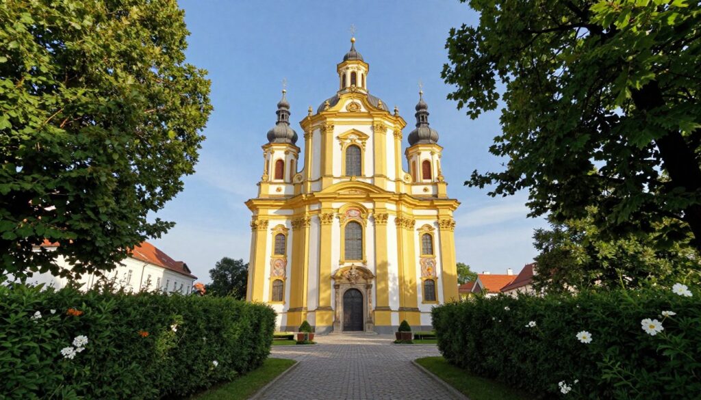 A picturesque view of the Sanktuarium Wniebowzięcia in Kalisz. In the foreground, lush greenery frames the entrance, showcasing well-manicured hedges and a cobblestone pathway leading to the church. In the middle ground, the majestic baroque architecture of the church, with its intricate details, colorful frescoes, and soaring dome, dominates the scene. Light filters gently through the surrounding trees, casting soft shadows and illuminating the façade with a warm glow. In the background, a clear blue sky contrasts with the striking white and gold hues of the building. The atmosphere is serene and reverent, capturing the spiritual essence of this architectural gem. Use a wide-angle lens perspective to enhance the grandeur while ensuring a soft focus on the surrounding floral details.