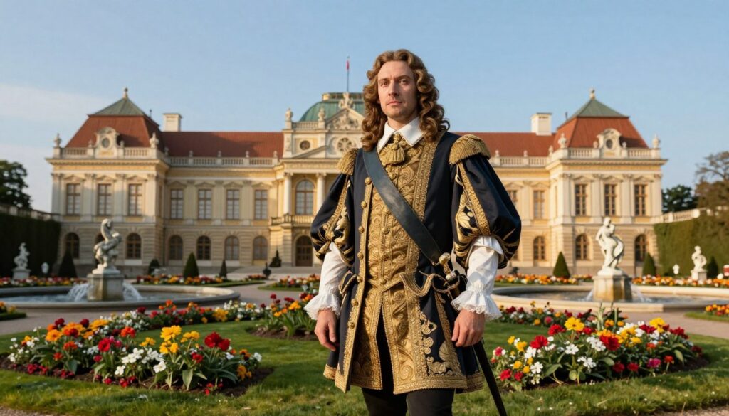 A regal portrait of King John III Sobieski, depicted in a lush garden setting outside the Wilanów Palace. The king, dressed in a richly detailed baroque military uniform with gold embellishments, stands confidently, looking towards the viewer. His expression is thoughtful and proud, reflecting his significant role in Polish history. In the foreground, ornate flower beds bloom with vibrant colors, while marble sculptures and classical fountains hint at the palace's grandeur. The middle ground features the majestic façade of the Wilanów Palace, showcasing its intricate architecture and vibrant rooftops. In the background, a clear blue sky and soft, golden sunlight create a serene atmosphere, bathing the scene in warmth. The composition is shot from a slightly low angle to emphasize the height of the palace and the importance of the king.