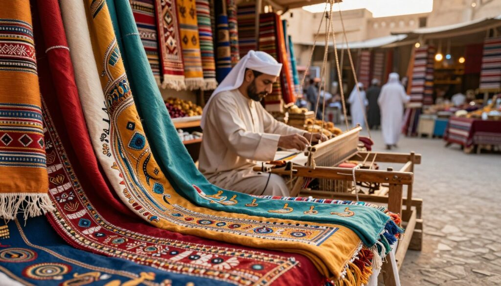 A rich depiction of high-quality Egyptian cotton textiles, beautifully woven in intricate patterns. In the foreground, showcase a variety of colorful cotton fabrics draped elegantly, demonstrating their softness and texture. The middle ground features traditional Egyptian artisans at a wooden loom, focused on their craft, wearing modest traditional garments. In the background, softly lit by golden afternoon sunlight, an ancient marketplace filled with vibrant stalls displaying more fabrics, spices, and local crafts. The atmosphere is warm and inviting, evoking a sense of cultural heritage and craftsmanship. Use a slightly shallower depth of field to accentuate the textiles in the foreground while ensuring the artisans remain crisp in focus, inviting viewers into this rich cultural tapestry.
