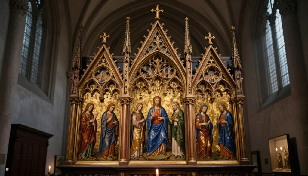 A rich tapestry of medieval art, showcasing an ornate Gothic retable as the focal point in the foreground, intricately carved wood adorned with vibrant colors and religious iconography. In the middle ground, soft, diffused light illuminates the delicate details of the retable, enhancing the shimmering gold leaf and deep blue hues. The background features a softly blurred church interior, with arched windows and moody shadows, adding depth to the scene. The atmosphere is reverent and contemplative, capturing the essence of a historical museum space. Use a slightly low-angle perspective to emphasize the grandeur of the retable, evoking a sense of awe. Illumination should mimic candlelight, creating warm highlights and gentle shadows, fostering an immersive experience in medieval artistry. The composition should be engaging but serene, inviting viewers to appreciate the mastery of medieval craftsmanship.