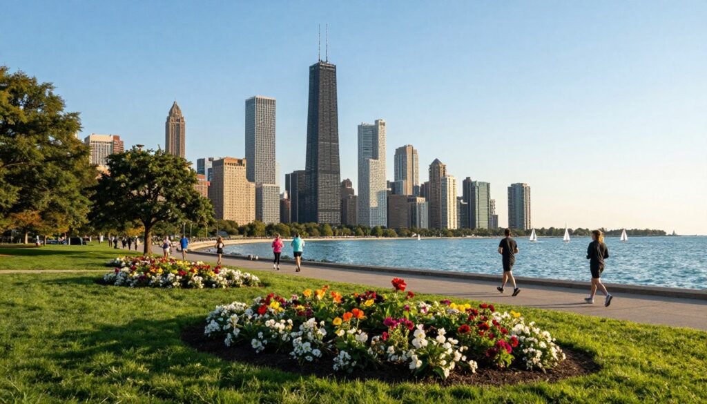 A scenic view of Chicago’s waterfront park on a bright sunny day, showcasing lush green lawns dotted with colorful flowerbeds in the foreground, and joggers dressed in casual athletic clothing enjoying the serene environment. In the middle ground, include iconic Chicago skyscrapers reflecting the sunlight, standing tall against a clear blue sky. The background should feature the shimmering waters of Lake Michigan, with small sailboats gently gliding across the surface. Use golden hour lighting to create warm, inviting tones, casting soft shadows and highlighting the vibrant colors of the park. Capture the essence of urban life harmoniously blending with nature, evoking a feeling of tranquility and exploration.