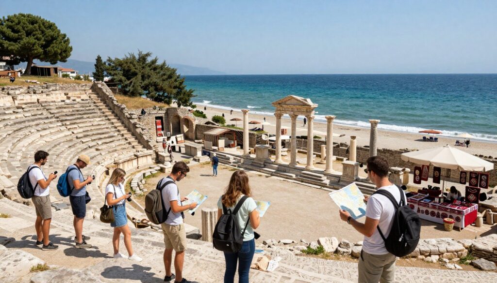 A scenic view of Durrës, Albania, capturing its rich cultural heritage and coastal beauty. In the foreground, a group of tourists dressed in modest casual clothing, equipped with maps and cameras, are exploring historical ruins, demonstrating practical traveling tips. The middle ground features ancient Roman amphitheater structures and local vendors selling traditional Albanian crafts. The background showcases the stunning Adriatic Sea under a clear blue sky, with gentle waves lapping at a sandy beach dotted with umbrellas. Soft, natural lighting enhances the warm, welcoming atmosphere, while a telephoto lens captures the intricate details of the ruins. The overall mood is lively and adventurous, inviting viewers to immerse themselves in the travel experience.