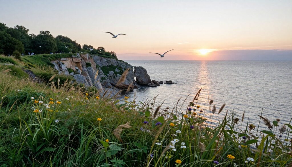 A scenic view of Kępa Redłowska in Gdynia during a soft golden hour. In the foreground, lush greenery with local flora, including vibrant wildflowers, gently sways in the breeze. The middle ground features the characteristic cliff with its rocky formations, beautifully contrasting with the blue sea below. Seagulls soar above, adding a sense of movement. In the background, a serene expanse of the Baltic Sea stretches towards the horizon, where the sun sets, casting warm reflections on the water’s surface. The atmosphere is tranquil and inviting, ideal for a peaceful stroll. The image should be captured with a wide-angle lens to emphasize depth, showcasing the natural beauty of nature seamlessly merging with urban elements. Aim for a soft focus on distant elements, with sharper details in the foreground to draw the viewer in.