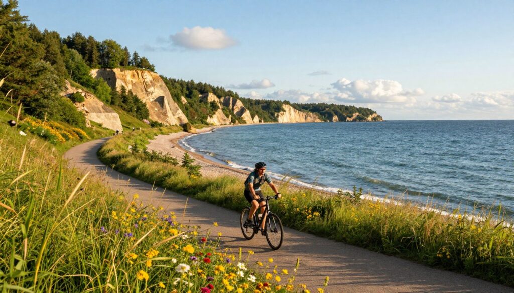 A scenic view of a bicycle adventure on the Hel Peninsula, showcasing winding bike paths amidst lush greenery and vibrant wildflowers. In the foreground, a cyclist dressed in casual outdoor clothing rides along a picturesque trail, surrounded by tall grasses and colorful flora. The middle ground reveals the sparkling blue water of the Baltic Sea, its waves gently lapping at the sandy shore. Towering cliffs line the background, bathed in golden sunlight, creating a warm and inviting atmosphere. A clear blue sky overhead with a few fluffy clouds enhances the tranquil mood. The scene captures the essence of summer exploration and the beauty of nature in Jastrzębia Góra, inviting viewers to imagine their own cycling journey along this coastal paradise.